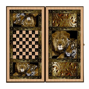 настольная игра Нарды + Шашки Смоленские Лев и Тигр, большие (Россия, дерево, 60х30х4 см.)