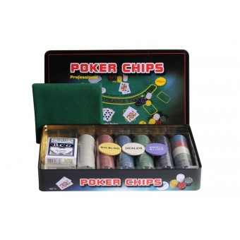 Покерный набор на 300 фишек с номиналом в жестяной коробке