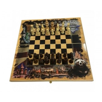 настольная игра Шахматы, Шашки, Нарды с лакированной доской Россия Америка (большие, 50х25х5 см.)